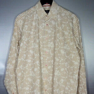 Bugatchi Uomo Md Sleeve Tan White Flower Pattern